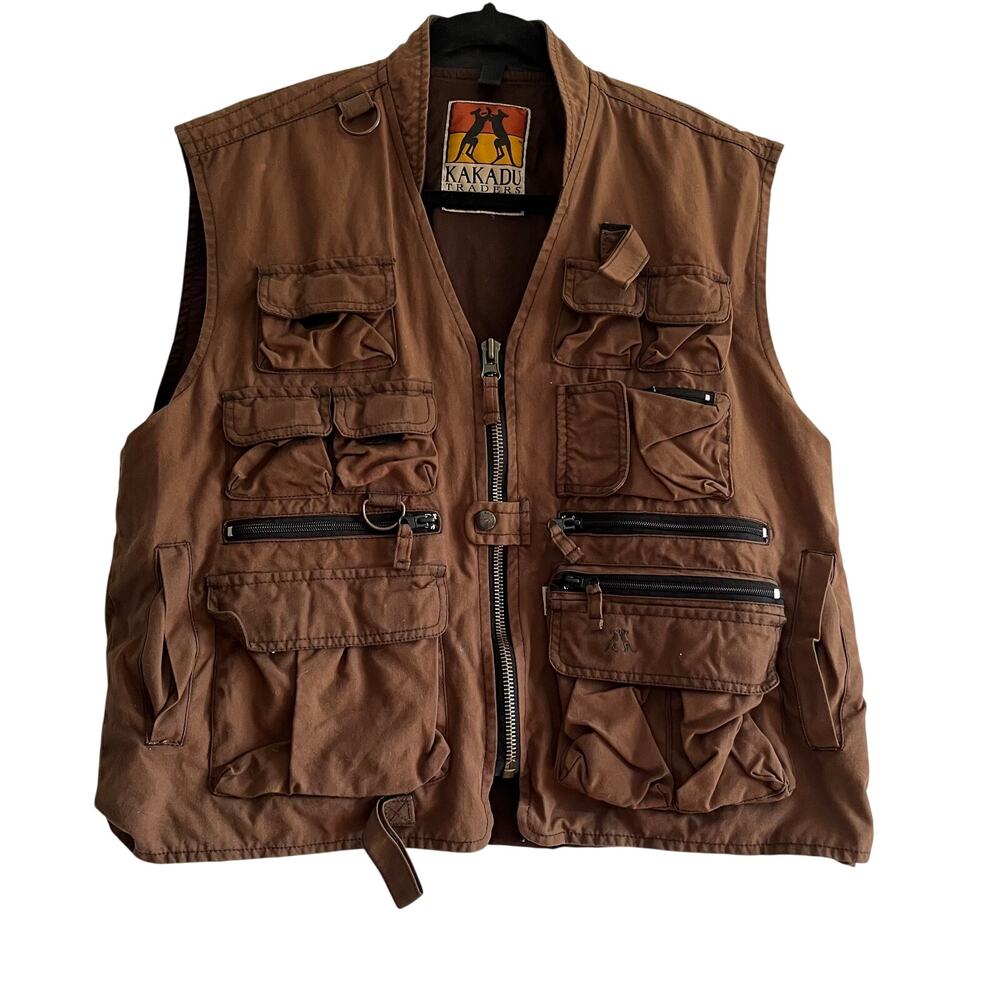 Kakadu Traders Australia Multi-Pocket Utility Vest Brown Waxed Cotton-Men's M